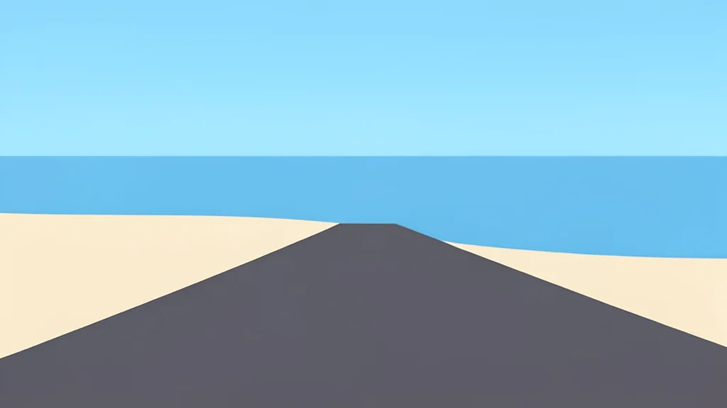 A coastal finish line area with a paved road meeting the sandy shore and calm blue water in the background