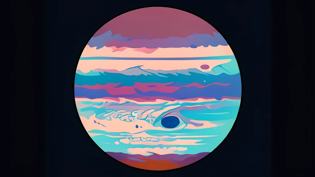 A large spherical gas planet with swirling bands and a prominent storm system against black space.