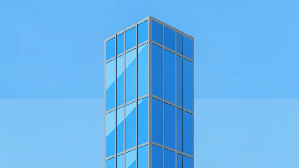 A modern glass skyscraper reflecting a blue sky