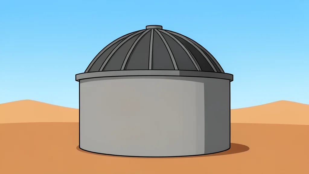 A large cylindrical concrete containment structure with a heavy steel dome standing in a desert landscape.