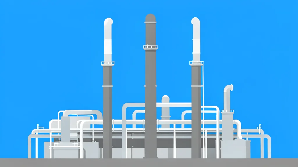 A large industrial oil refinery with tall distillation towers and piping against a clear sky