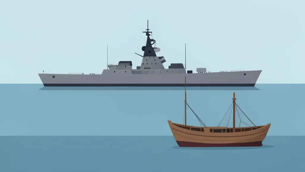 A calm stretch of sea with a large naval warship on the horizon and a small fishing boat in the foreground