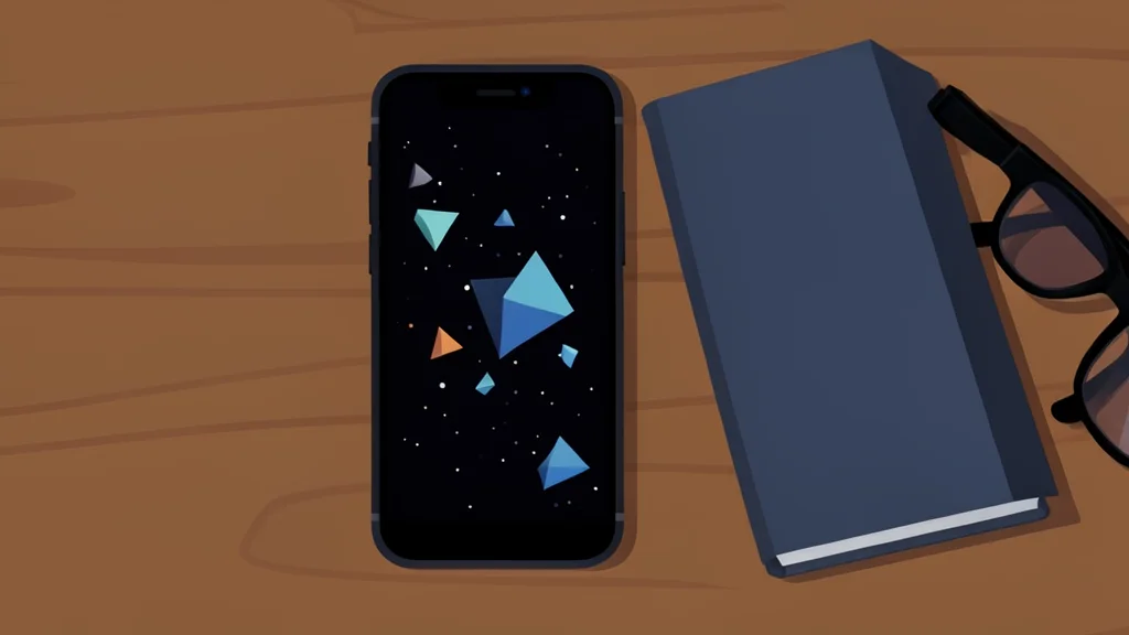 A darkened smartphone screen displaying abstract geometric shapes and static noise, resting on a wooden desk next to a closed notebook and a pair of reading glasses.