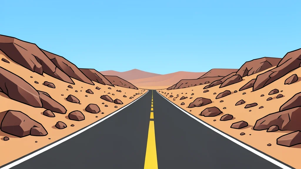 A rugged, arid highway cutting through a dry, rocky landscape under a clear sky
