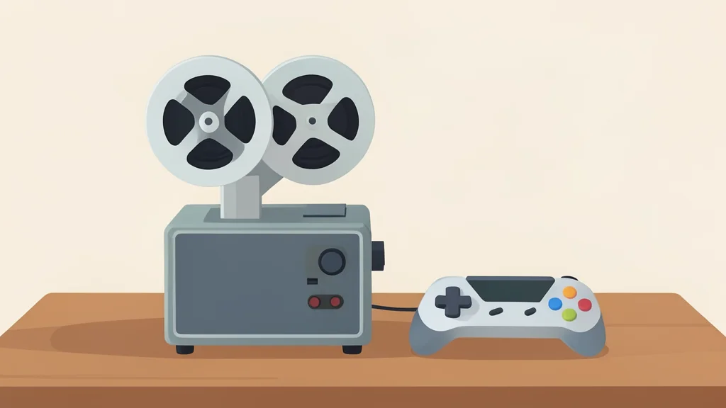 A vintage film projector sits on a wooden table beside a retro handheld game controller.