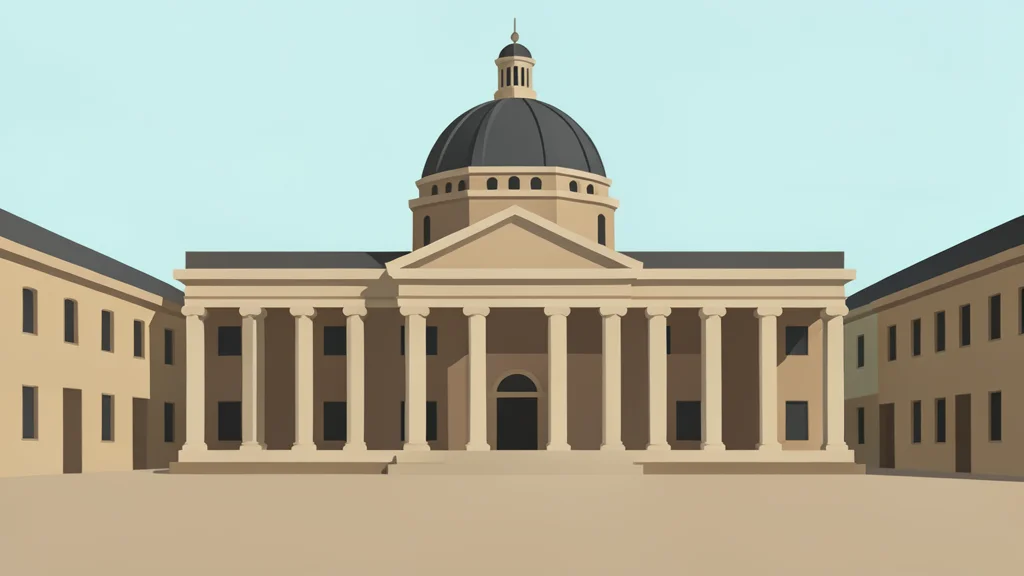 A classical stone building with a colonnade and dome in a European square.