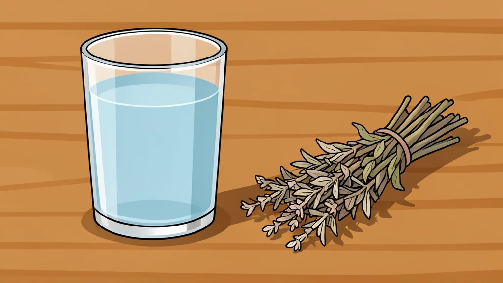 A glass of clear liquid on a wooden table next to a bundle of dried herbs