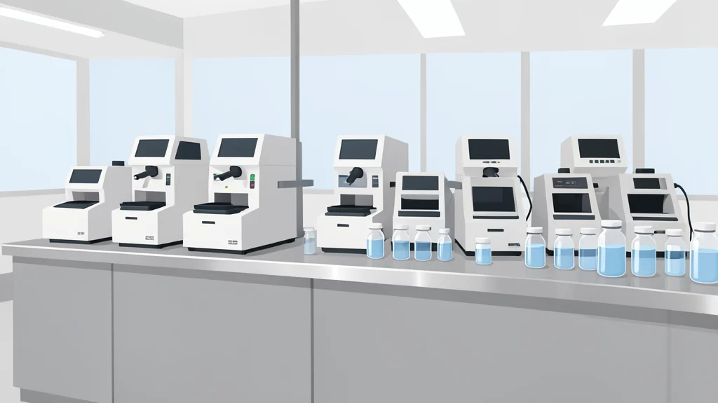 A modern medical laboratory interior with rows of automated testing machines and glass vials on a stainless steel counter