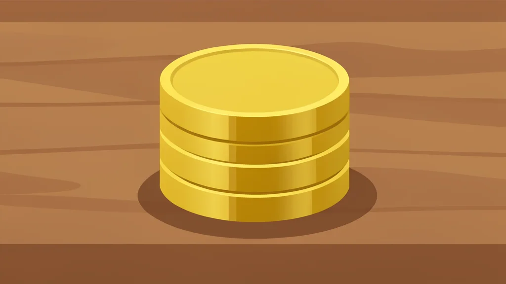 A stack of three polished, metallic coins resting on a wooden desk surface