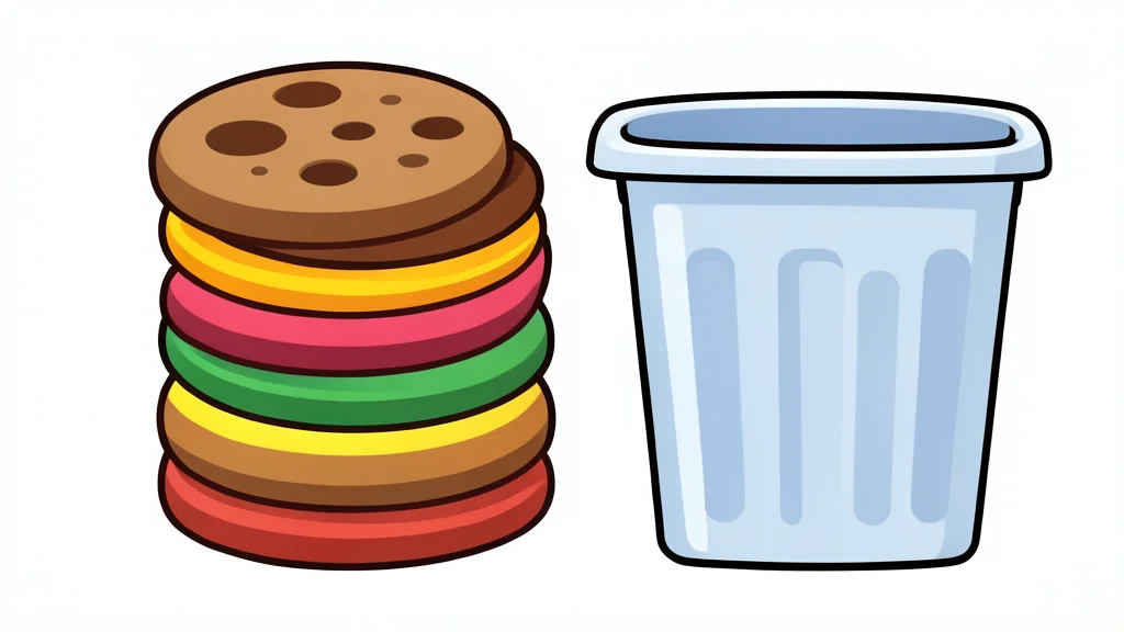 A stack of colorful snack cookies next to a plastic waste bin