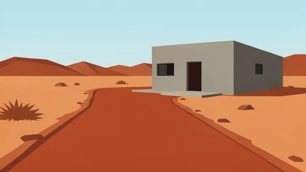 A dusty red-earth road leading to a simple concrete building in a dry, arid landscape