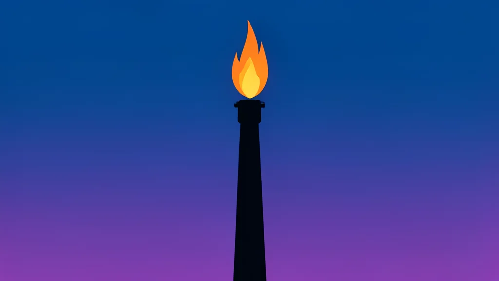 A natural gas flare stack emitting a steady flame against a twilight sky