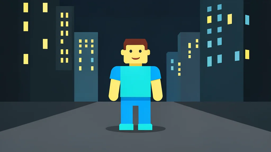 A colorful plastic brick toy figure standing on a dark city street at night