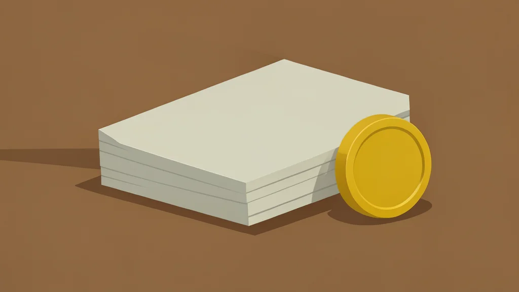A stack of physical currency bills and a single gold coin resting on a wooden desk surface.