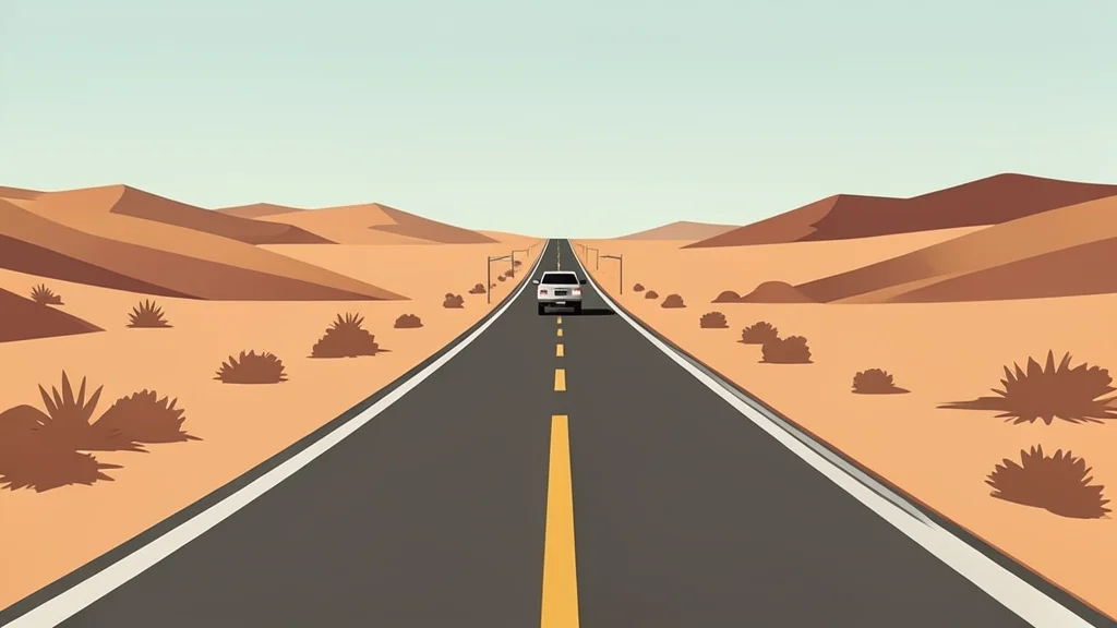 A dusty two-lane highway stretching through an arid desert landscape with a single vehicle in the distance