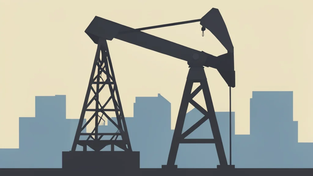A flat vector illustration of a city skyline with a large oil derrick in the foreground.