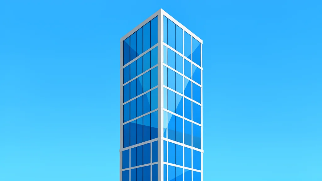 A modern glass skyscraper reflecting a clear blue sky