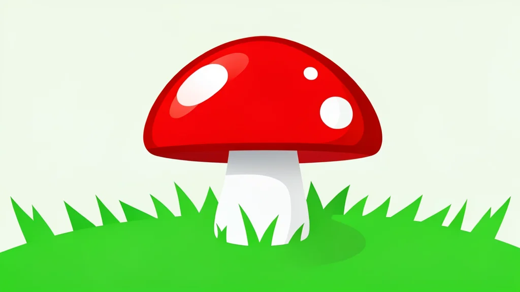 A glossy red mushroom with white spots sits on a patch of green grass.