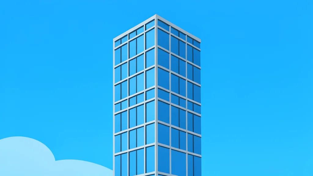 A modern glass skyscraper reflecting a clear blue sky