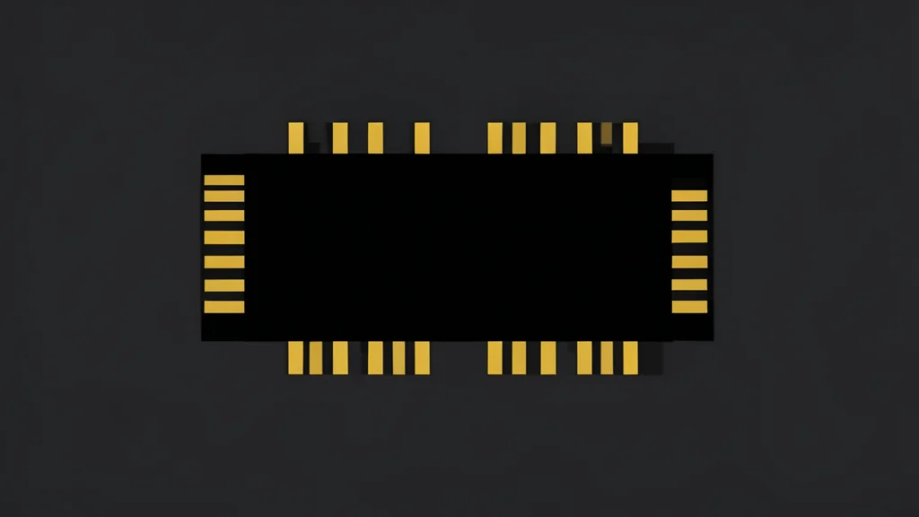 A close-up view of a black rectangular computer memory chip with gold contact pins, resting on a dark surface.