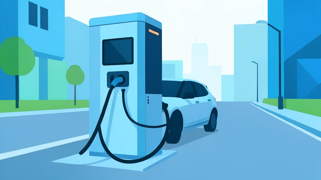 A modern electric vehicle charging station with a cable plugged into a car port, set against a city street background.
