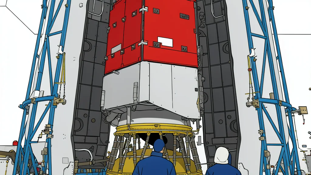 A large white rocket standing vertically on a concrete launch pad surrounded by green vegetation