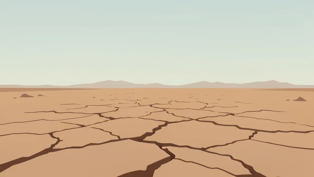 A dusty, cracked desert landscape stretching toward a distant, hazy horizon under a pale sky