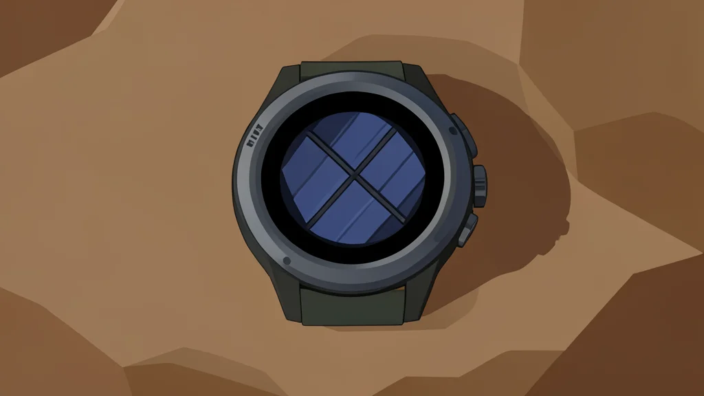 A rugged smartwatch with a solar panel resting on a rocky surface
