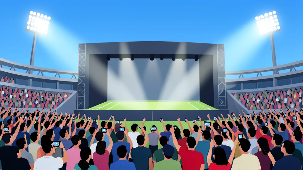 A large outdoor stadium with bright floodlights illuminating a stage, surrounded by a dense crowd of people holding up mobile phones.