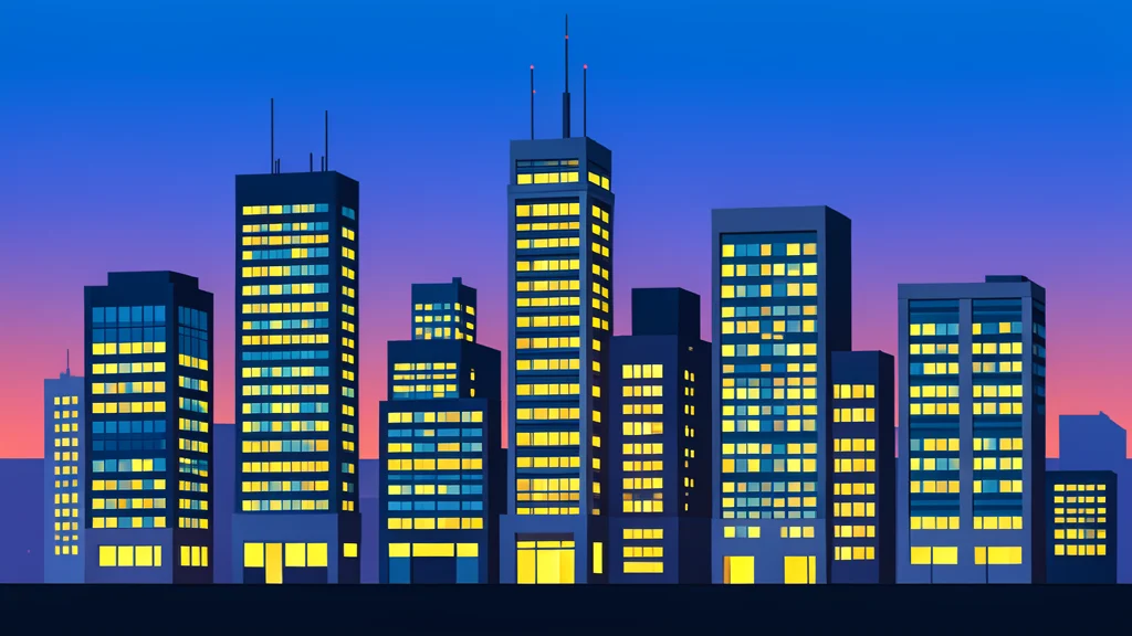 A modern financial district skyline at dusk with illuminated office windows