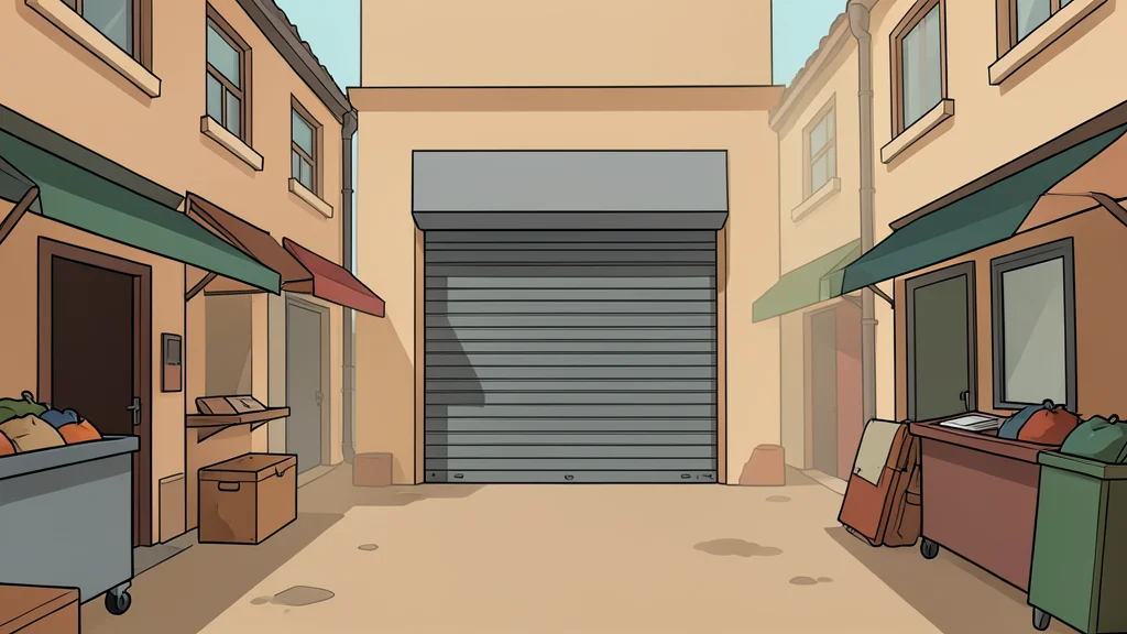 A closed shop shutter in a dusty market street