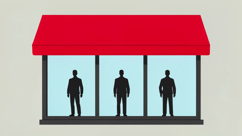 A large glass storefront with a red awning and mannequins visible inside