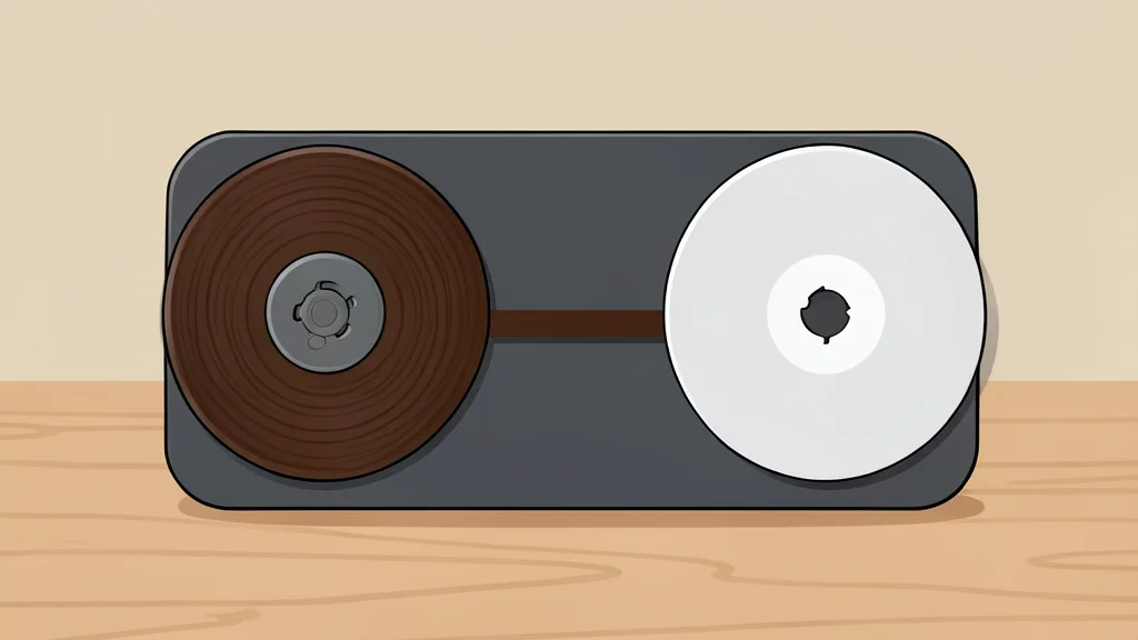 A vintage reel-to-reel tape recorder on a wooden desk beside a stack of vinyl records