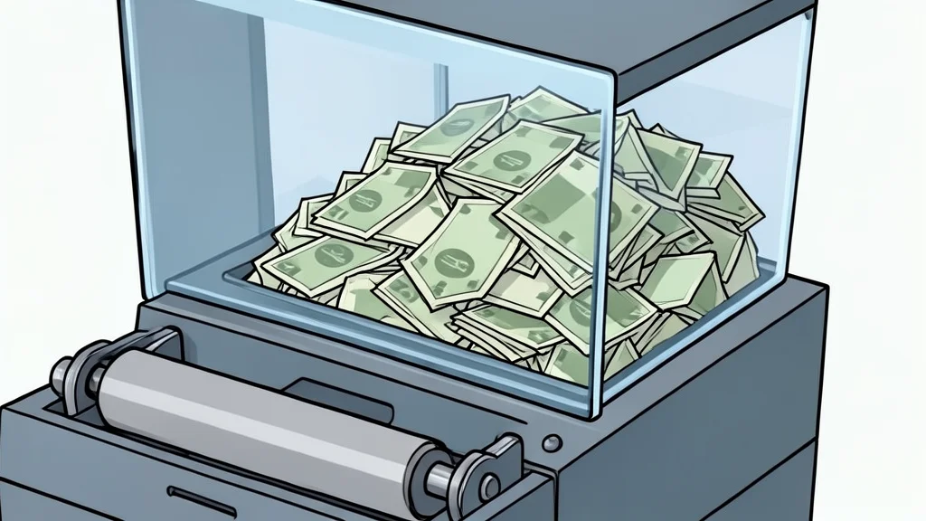 A stack of paper banknotes and a foreign currency coin resting on a wooden desk surface