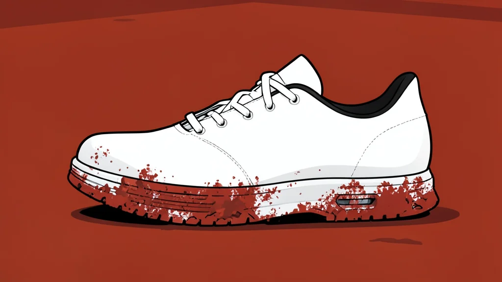 A pair of white tennis shoes resting on a red clay court surface