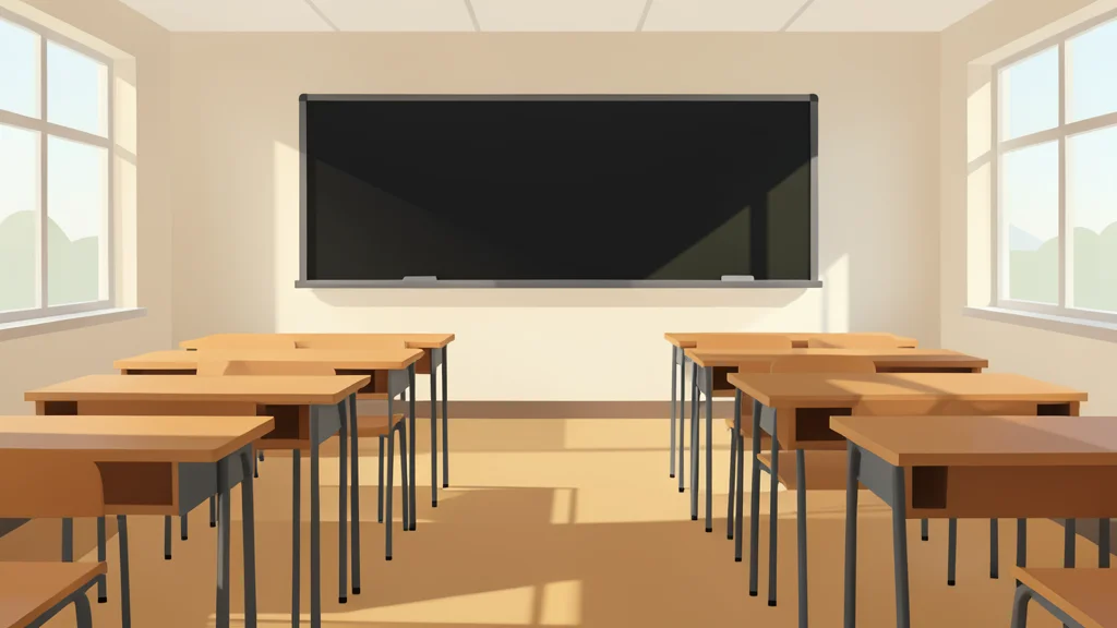 A quiet, empty classroom with rows of wooden desks and a blackboard, bathed in soft afternoon light.