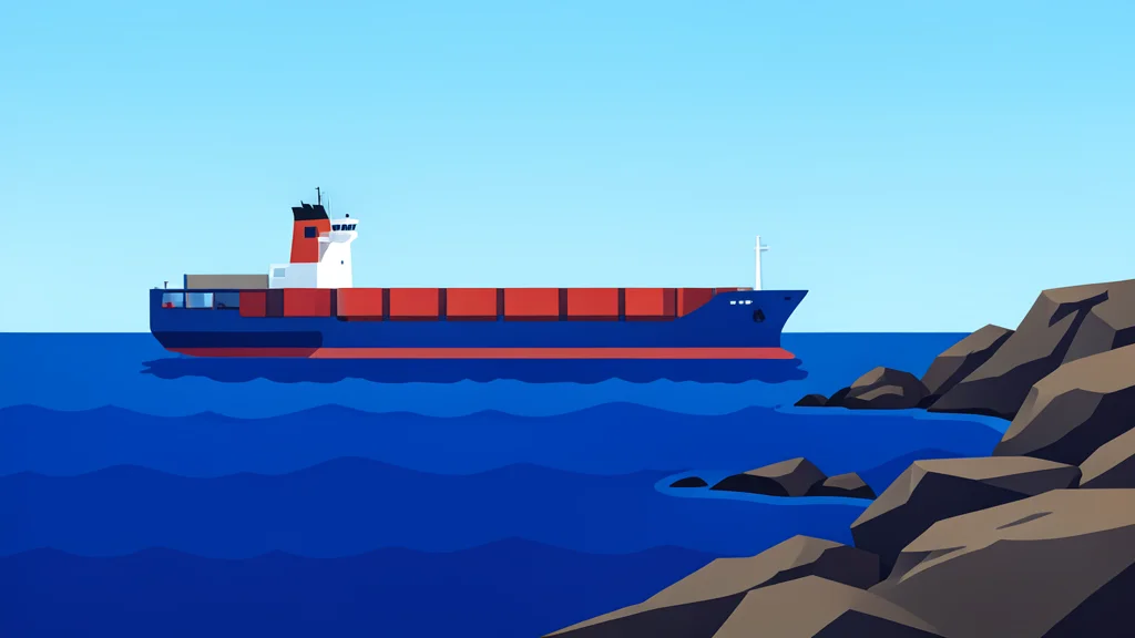 A large cargo ship sailing on the open ocean near a rocky coastline