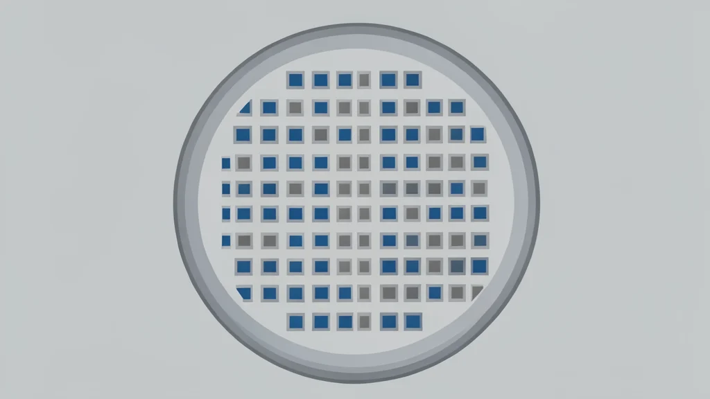 A close-up view of a silicon wafer with a grid of square integrated circuits