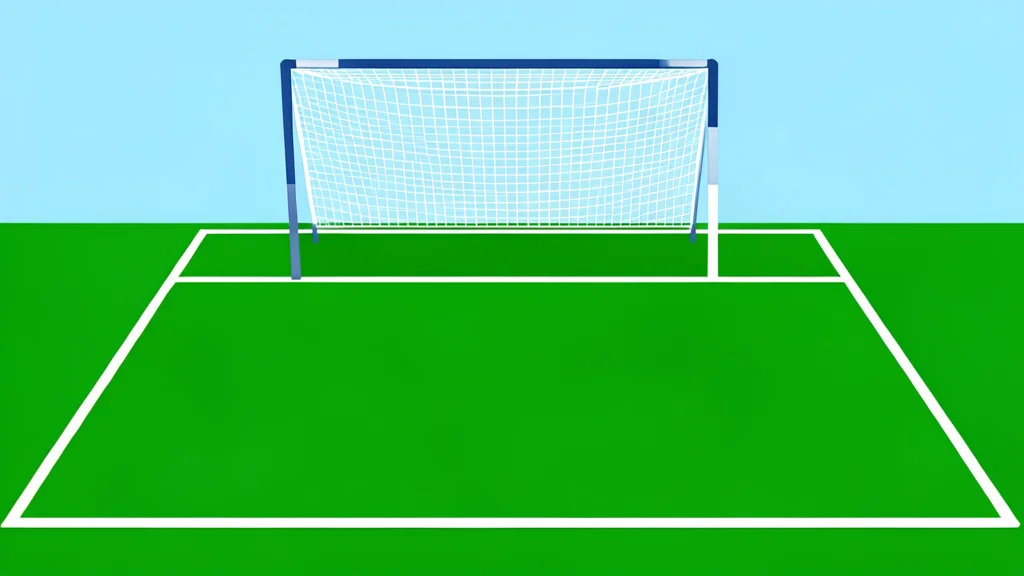 A green artificial turf field with white boundary lines and a hockey goal net in the background