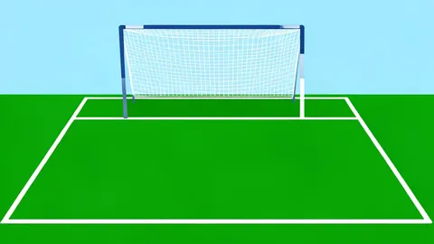 A green artificial turf field with white boundary lines and a hockey goal net in the background