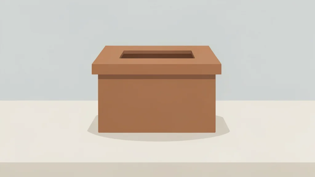 A wooden ballot box with a slot on top, sitting on a plain table