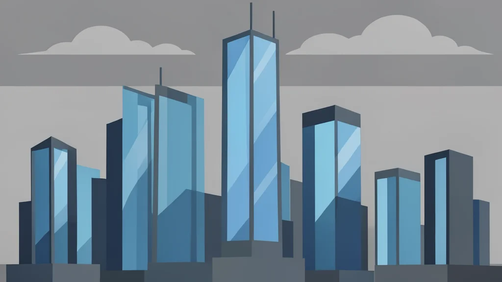 A modern city skyline with glass skyscrapers reflecting a cloudy sky