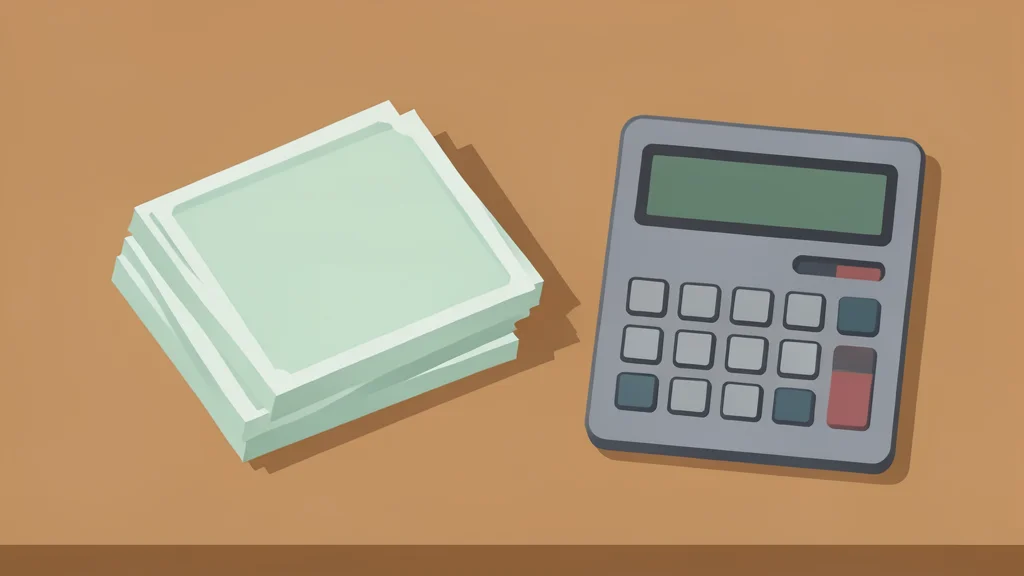 A stack of paper currency notes and a calculator on a wooden desk