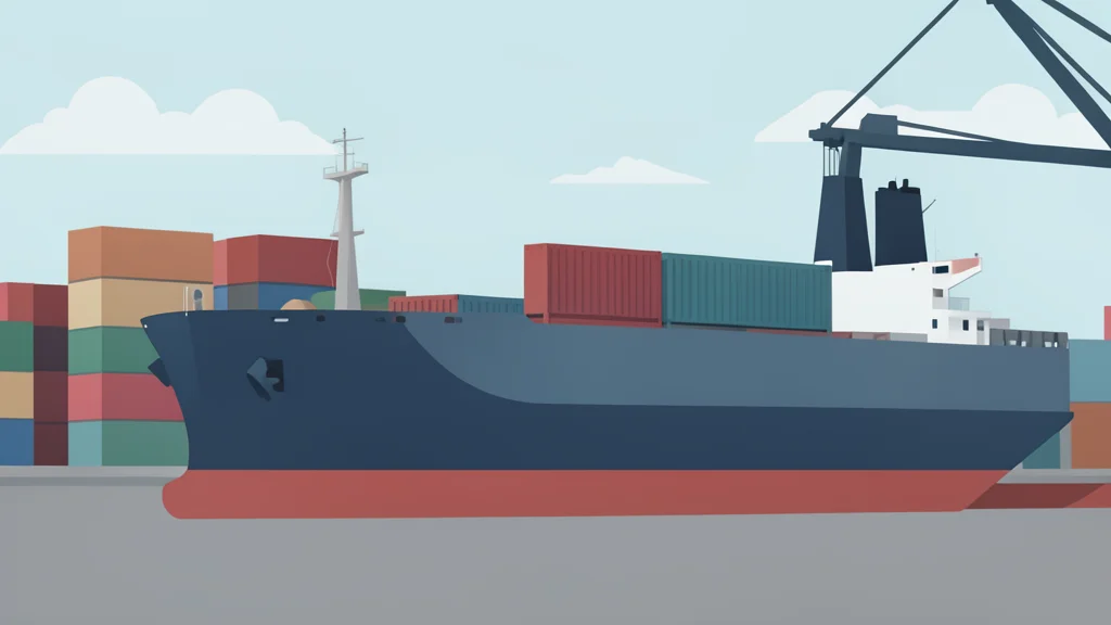 A large container ship docked at a busy port terminal with stacked shipping containers in the background