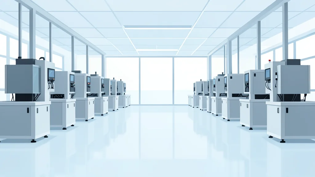 A clean, high-tech manufacturing facility interior with rows of automated machinery and polished floors