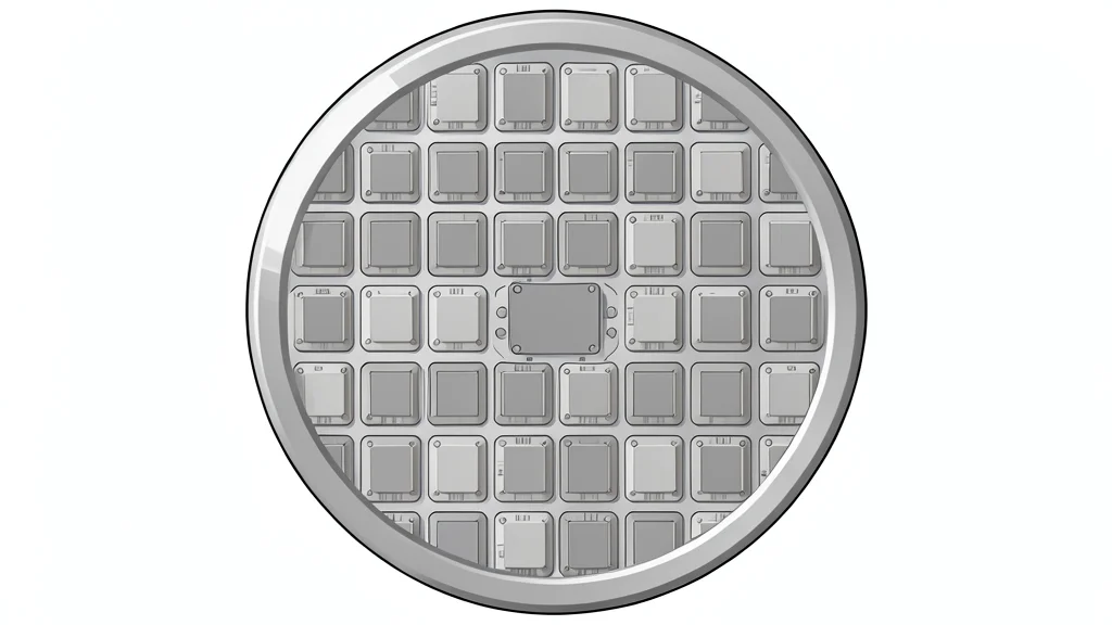 A detailed close-up of a silicon wafer featuring a precise grid of square integrated circuits.