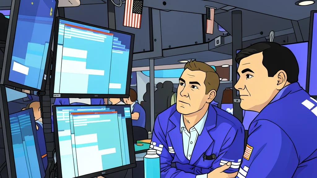 A stylized view of a trading floor with abstract data streams flowing between desks.