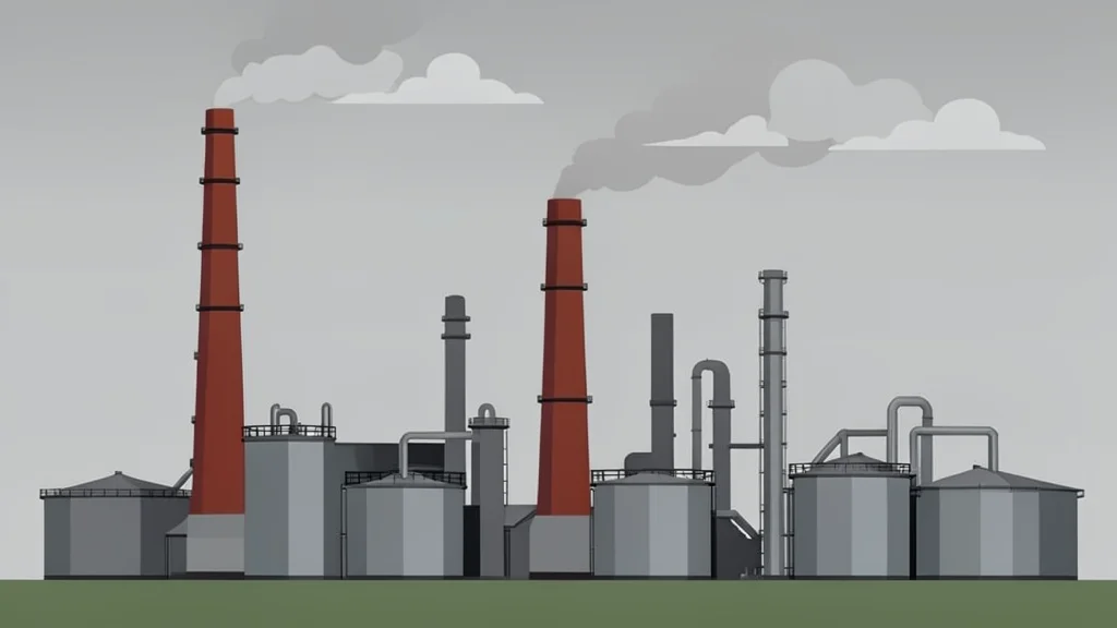 A large industrial oil refinery complex with tall smokestacks and storage tanks under a grey sky