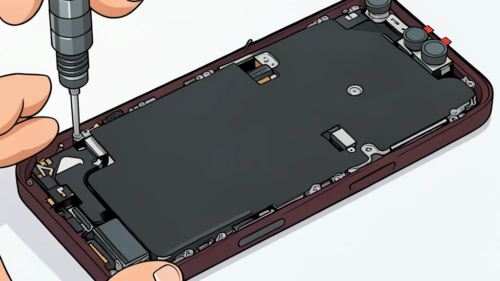 A disassembled smartphone lying on a workbench with its internal circuit board and battery exposed