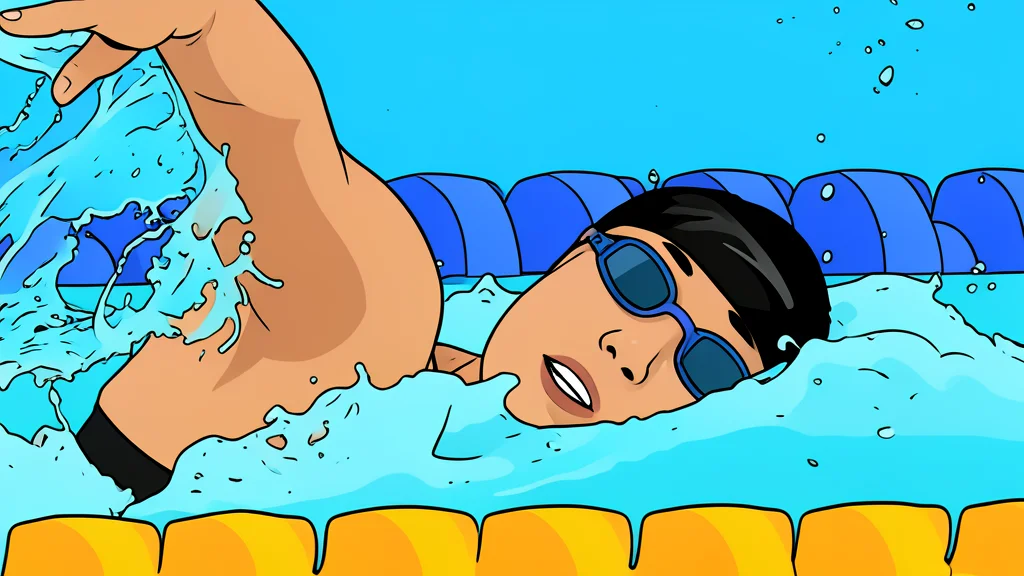 A vast indoor swimming pool with deep blue water and floating lane ropes stretching into the distance